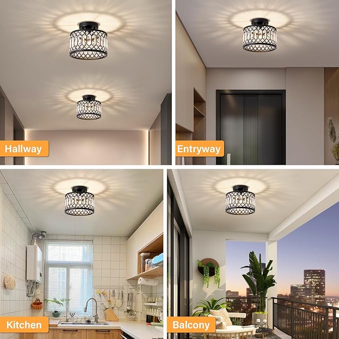 Crystal Ceiling Light Fixture, Modern Semi Flush Mount Ceiling Light, Black Lighting Fixtures Ceiling Lamp for Hallway, Kitchen, Entryway, Bedroom, Laundry Room, 9.05 Inch