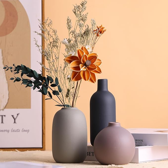 Brown Ceramic Vase Set,Small Vases Home Decor,Fall Décor Modern Farmhouse Vases for Home Decor, Organic Decor Accents for Living Room,Table,Shelf,Entryway,Pottery Vase Set of 3 (Multicolor)