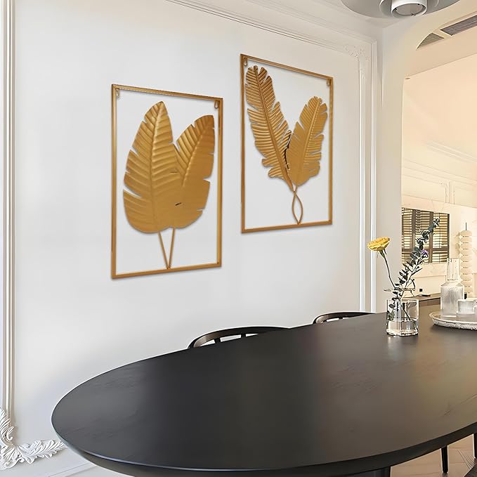 MKUN Set of 2 Iron Wall Sculptures -Gold Metal Leaf Wall Hanging Home Decor with Frame, Modern Luxury Wall Art Decor for Living Room, Bedroom, Office, Hotel, Large 24" X 16" (Gold_B)