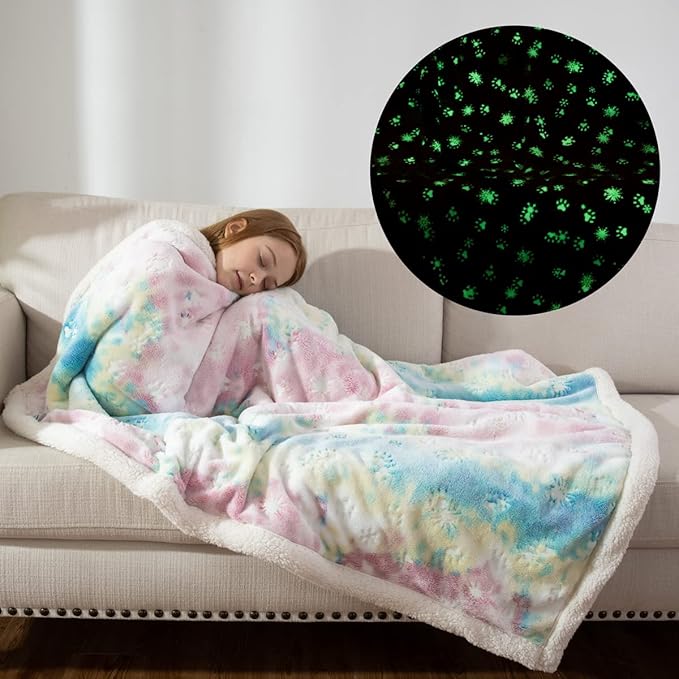 COSUSKET Glow in The Dark Blanket for Kids, Animal Paws Luminous Birthday Super Soft Fuzzy Plush Sherpa Furry Fleece Colorful Throw Blanket 50"x60" Boys Girls Gifts