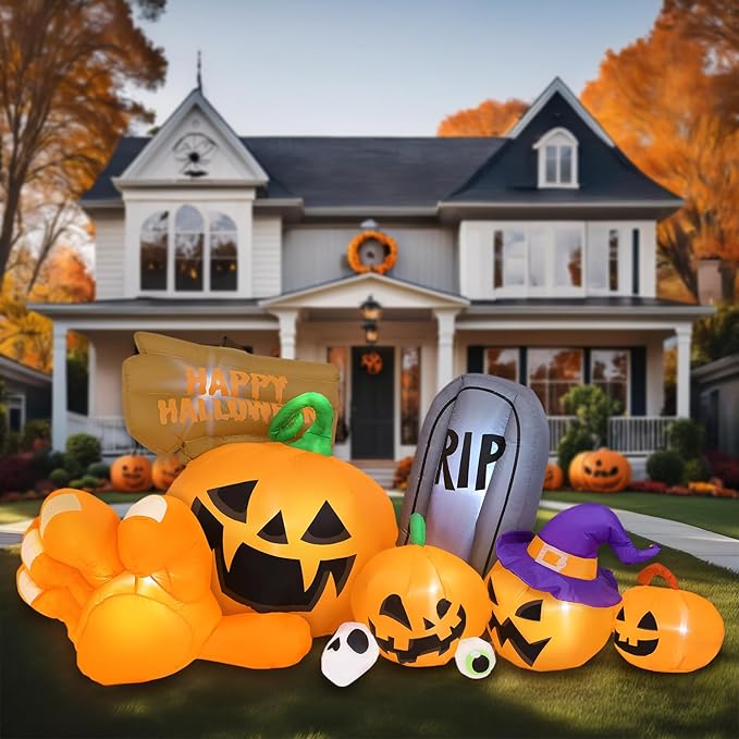 Garma Halloween Inflatables Outdoor Decorations, Long Inflatable Blow Ups Yard Decoration Pumpkin with Build-in LEDs, Gravestone and Witch Hat for Halloween Party Indoor, Lawn, Garden Decor