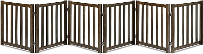 LZRS 6-Panel Extra-Wide Freestanding Wooden Dog Gate – 24”High Foldable Safety Pet Barrier for Doorways, Hallways, Kitchens, and Long Staircases, Durable Design fit Small to Medium Dogs, Walnutl