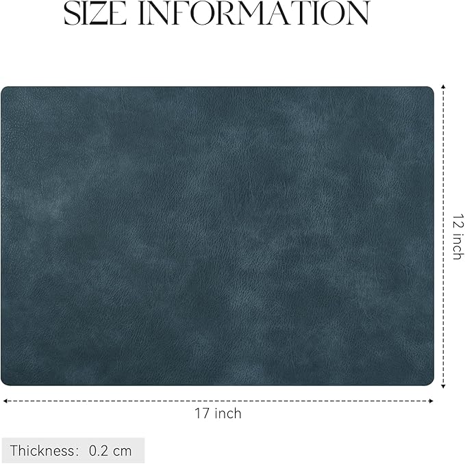 MOSAYT Vinyl Placemats Set of 8-12 X 17 Inch - Faux Leather 100% Waterproof Oil-Proof Wipeable PU Place Mats, Heat Resistant Reversible Table Mats for Kitchen, Dining, Outdoor (Navy Blue)
