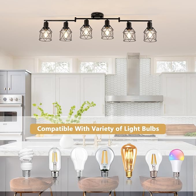 WILON Track Lighting Kit 6 Way Ceiling Spotlight-Industrial Flush Mount Ceiling Light Black Kitchen Ceiling Light Fixtures Kitchen Track Lighting Flexibly Rotatable Light Head E26 Base