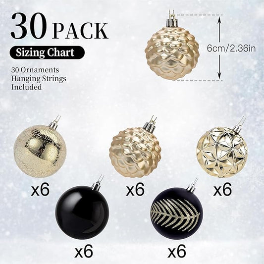 SHareconn 30ct 2.36 Inch Christmas Tree Balls Ornaments, Colored Shatterproof Plastic Decorative Baubles Decorations for Xmas Tree Decor Holiday Party Wedding Decoration (Black & Gold, 60mm)