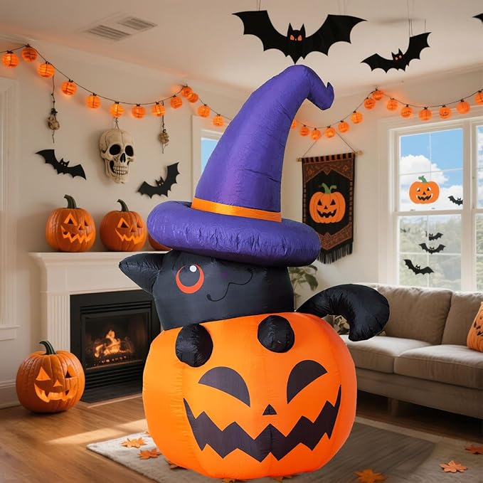 6 FT Halloween Inflatables Pumpkin Outdoor Decorations, Blow Ups Pumpkin Cat Decoration with Built-in Rotating Colorful LED Lights for Holiday Party Yard Garden Lawn