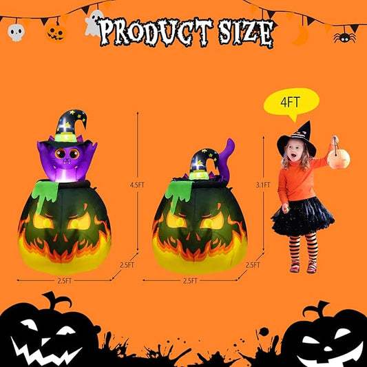 4.5FT Halloween Inflatables Cat, Automatic Pop up and Down Animated Witch Kitty in Fire Cauldron Blow up Halloween Cat Inflatable Built-in 4 LED for Halloween Decoration Outdoor Indoor