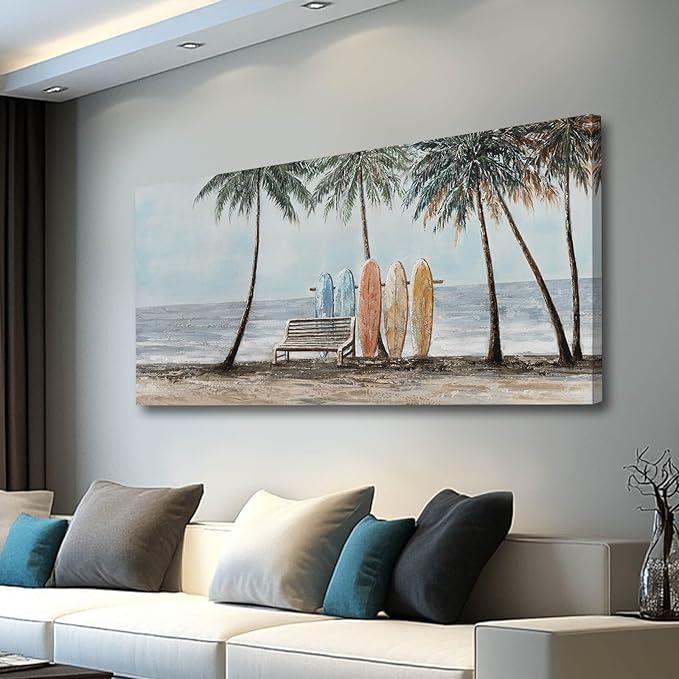 GAIDUOMAI Scenery Canvas Wall Decor Seaside Art Coconut Palm Picture for Bedroom Colorful Surfboard Poster for Dining Room Hallway Decor 29"x58"