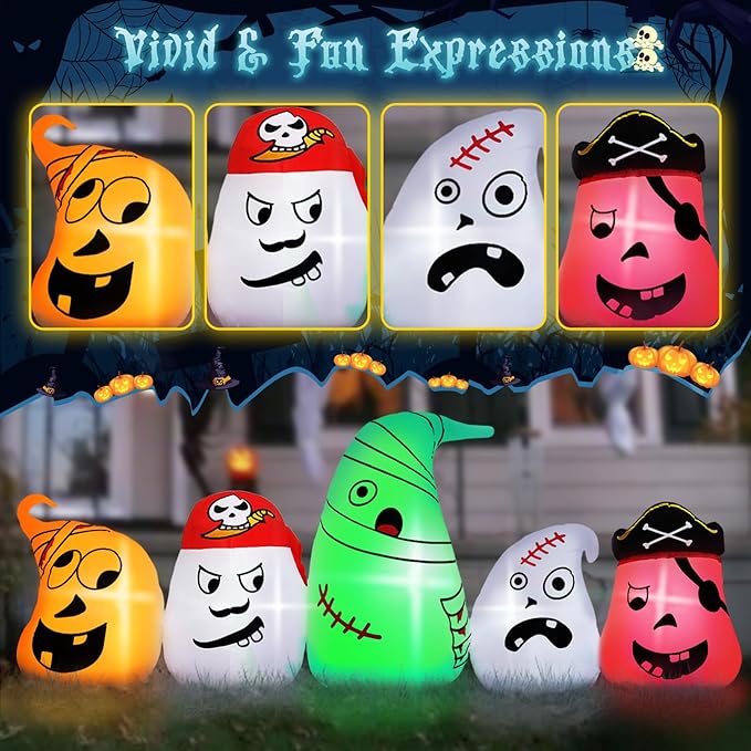 B&D 8FT Long Halloween Inflatables Ghost Outdoor Decorations, 5 Pirate Ghosts Inflatable Halloween Decorations with Color Changing RGB Lights Halloween Blow Ups for Party, Garden, Yard, Lawn Decor