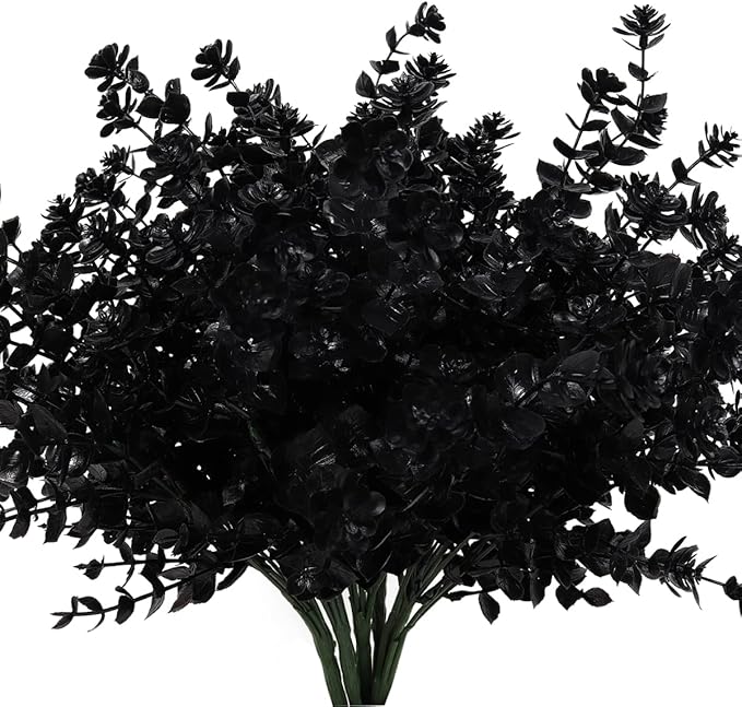 RECUTMS Black Artificial Flowers, Fake Outdoor UV Resistant Plants Faux Plastic Greenery Shrubs Indoor Outside Hanging Planter Home Kitchen Office Wedding, Garden Decor (Black)