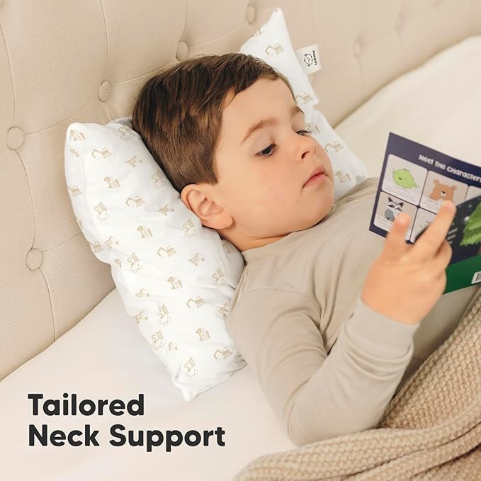 2-Pack Toddler Pillow - Soft Organic Cotton Toddler Pillows for Sleeping - 13X18 Small Pillow for Kids - Kids Pillows for Sleeping - Kids Pillow for Travel, School, Nap, Age 2 to 5 (Excavator)