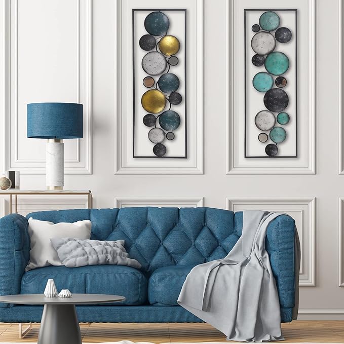 Adeco 35.2" Modern Wall Sculpture, Abstract Floating Patterned Shapes Rectangle Frame Metal Wall Decoration, Set of 2