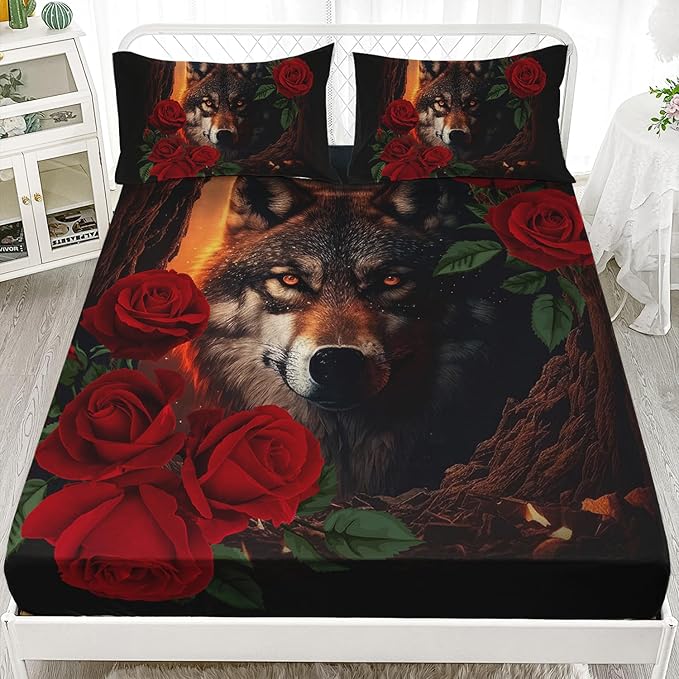 AILONEN Girls Wolf Fitted Sheet Set Twin XL Size, 3 Pieces Bedding Set Red Rose Wolf Sheet Set for Women Teen Kids,Wildlife Bed Sheet Set Wolf Fitted Sheet with 2 Pillowcases