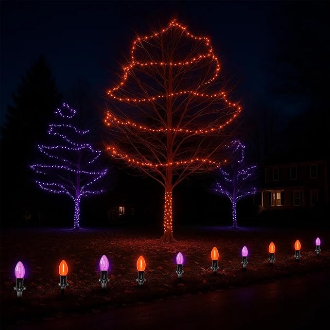 Halloween Pathway Lights, 10 Pack C9 LED Stake Lights with Purple & Orange Bulbs, 19.5ft Extendable Outdoor Walkway Lights for Garden, Yard, Driveway, Porch & Sidewalk Halloween Decorations