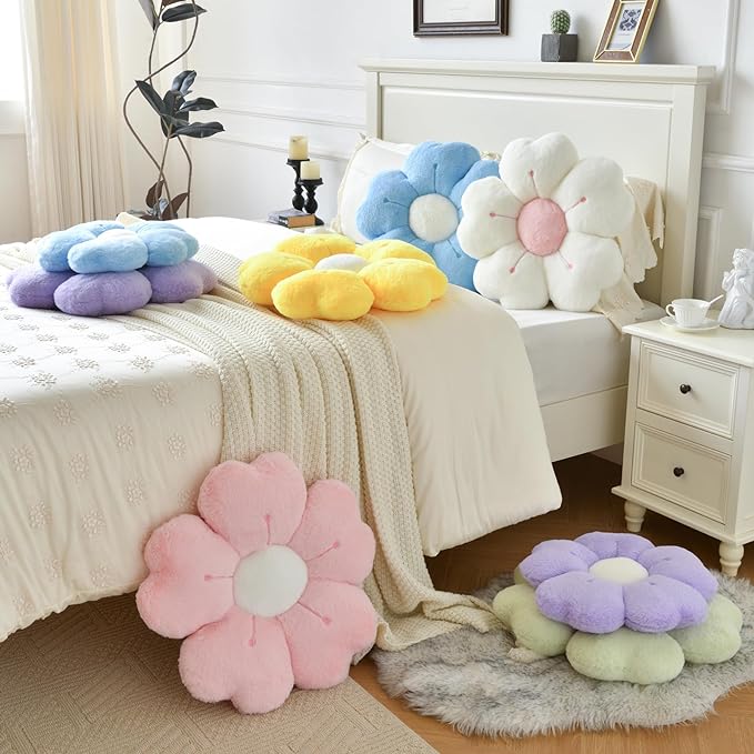 Flower Pillow, Flower Shaped Pillow Decorative Throw Pillows for Bed Couch, Cute Daisy Pillow Dorm Decor Floor Seating Cushion (Blue, 19.6 Inches)