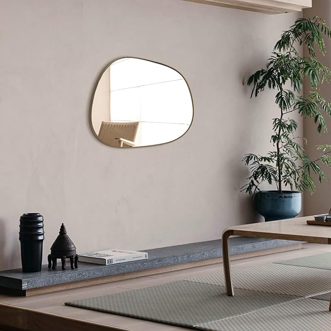 Asymmetrical Mirror for Wall Decor 23"*30", Modern Brass Framed Wall Mirror for Living Room Bathroom Bedroom Entryway ELE-STOU-0064G