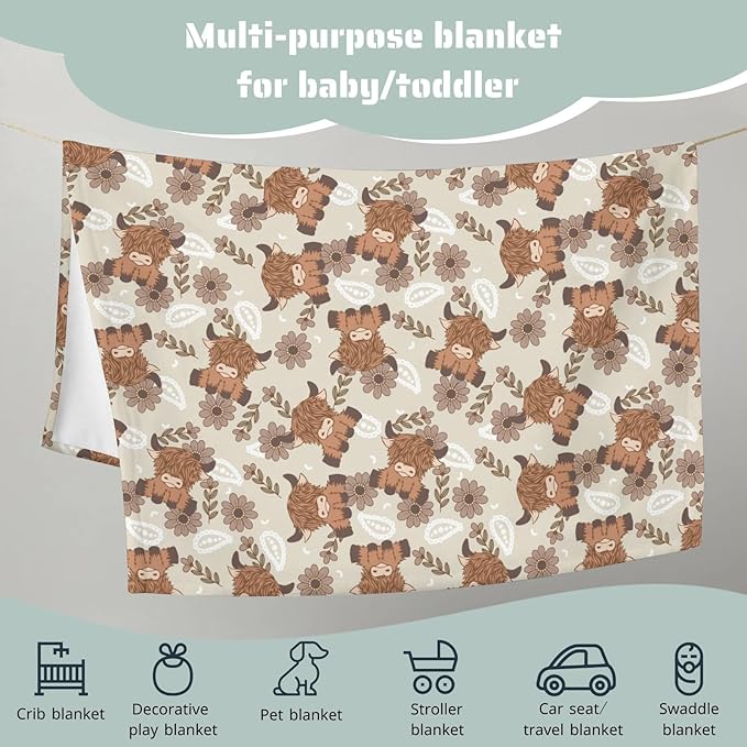 Boho Highland Cow Paisley Floral Baby Blanket Girls Gift, Beige Western Cowgirl Flower Flannel Fleece Nursery Bed Blankets, Soft Lightweight Newborn Infant Toddler Kids Crib Bedding 60 x 80
