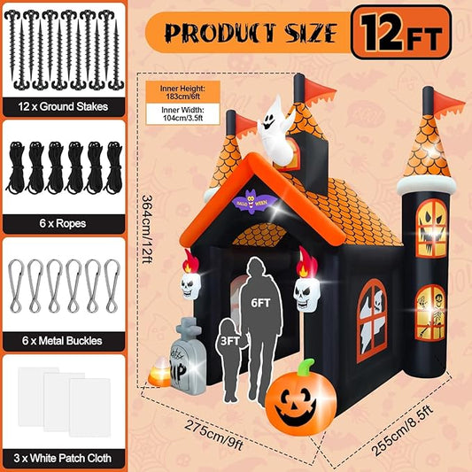 12FT Halloween Inflatable Archway with LED Light, Kalolary Large Haunted House Inflatable Ghost Pumpkin Blow up Tunnel Halloween Outdoor Yard Decoration for Halloween Party Home Lawn Family