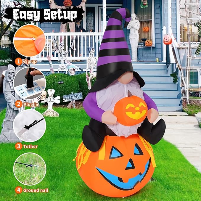 GOOSH 5 FT Halloween Gnome Inflatable with Pumpkin Outdoor Decorations Gnome Blow Up Yard Built-in LEDs for Garden Lawn Indoor Party Decor