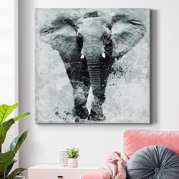 Colorful Animals Painting Wall Art on Canvas Modern Abstract Artwork, Proud Elephant Wall Art, Ready to Hang, 40'' x 40''
