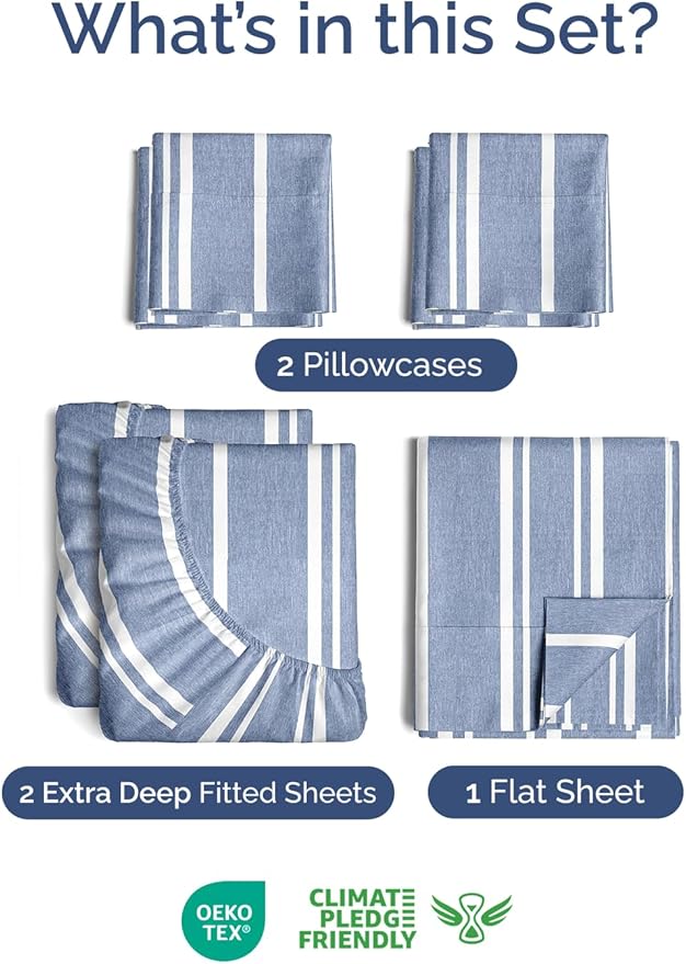 Extra Deep Split King Sheet Set - 7 Piece Breathable & Cooling Sheets - Hotel Luxury Bed Sheets Set - Easy Fit - Soft, Wrinkle Free & Comfy Sheets Set - Blue Striped Sheet Set w/Extra Deep Pockets
