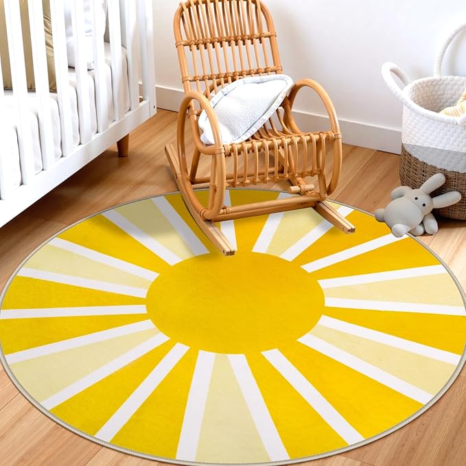 Lahome 4Ft Round Rugs - Washable Non-Slip Small Round Area Rug Throw Soft Cute Round Nursery Rug Low Pile Bathroom Rug, Boho Rainbow Sun Print Circle Rug for Bedroom Dorm Kids Room (4'x4', Yellow)