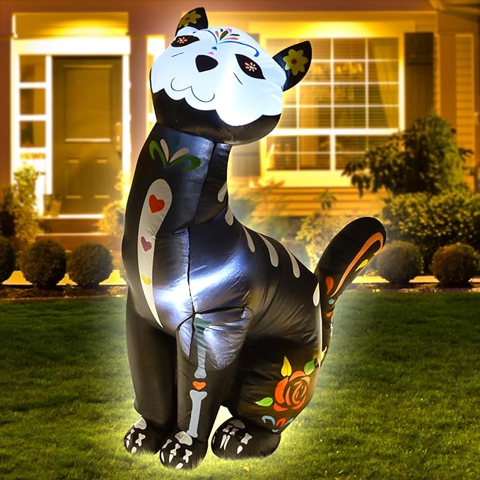 4FT Halloween Skeleton Cat Inflatable Decoration Spooky Blow Up Yard Decor with LED Lights Party Indoor Outdoor Holiday Yard Graden Decoration
