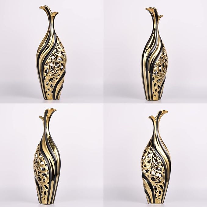 19 Inch Tall Floor Vase, Black and Gold Ceramic Vase, Pottery Decorative Vase, Unique Pampas Grass Vase for Living Room Floor, Home Office, Porch Home Centerpieces Decorative Large Vase