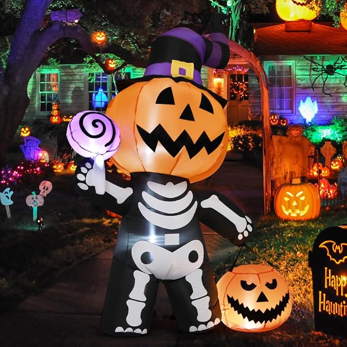 GOOSH 6 FT Halloween Inflatable Pumpkin Skull Body Outdoor Decorations Blow Up Yard Pumpkin with Built-in LEDs for Garden Lawn Party Decor