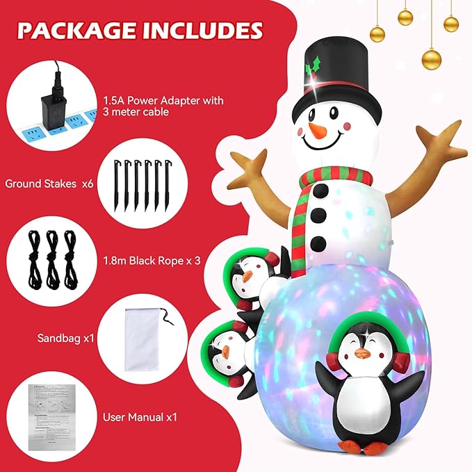 6.3 FT Christmas Inflatable Snowman Outdoor Decoration with Build-in Multicolor LEDs, Snowman with 3 Penguins Blow Up Inflatables Christmas for Yard Garden Lawn Xmas Holiday Decor