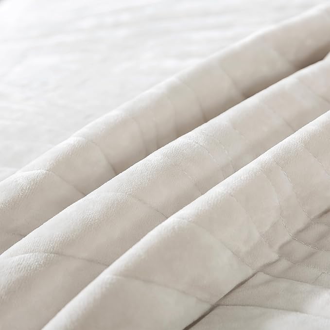 HoneiLife Quilt Set Queen Size - Velvet Quilt Sets 3-Pieces, Stripe Bedspread for Queen Beds, Queen Quilt Bedding Sets All Season Quilts- Nature White