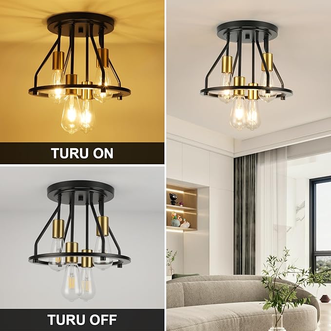 WILON Semi Flush Mount Ceiling Light 4-Light Ceiling Light Fixtures - Black Gold Farmhouse Kitchen Light Industrial Hallway Light Fixtures Ceiling Lamp for Hallway Kitchen Foyer (E26 Socket)