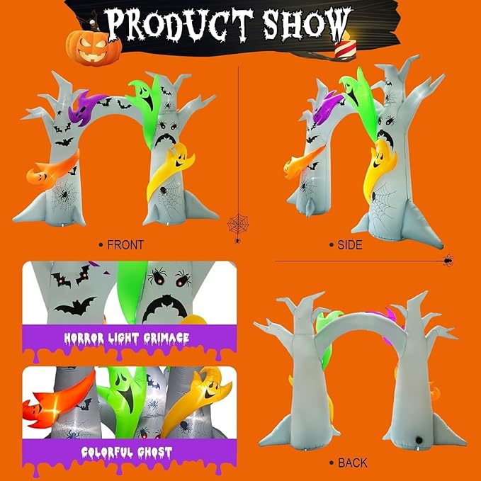 14FT Length X 10FT Tall Halloween Archway Inflatable Tree with 4 Colorful Ghosts, Blow Up Tree Inflatables Arch Built-in 15 Led Lights for Halloween Inflatable Outdoor Decorations
