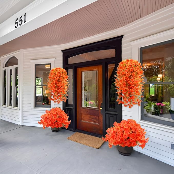 Artificial Fall Flowers for Outdoors Fake Hanging Decoration, 6Pcs Orange Autumn Decor, Realistic Artificial Fall Plants, UV & Fading Resistant Silk Flower for Porch Patio Balcony Planter Yard (Fall)