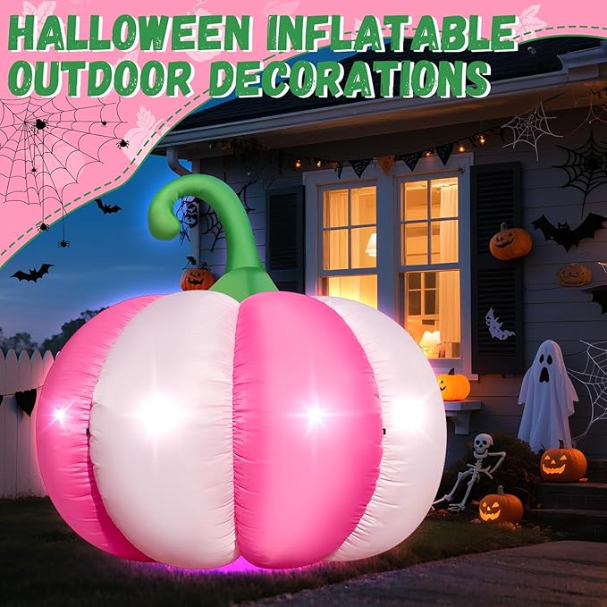 4.6FT Halloween Inflatable Pumpkin Outdoor Decorations Blow-up Pink Pumpkin Build-in 4 LED Lights for Halloween Party Decor Giant Inflatable Fake Pumpkins for Fall Thanksgiving Yard Garden Lawn