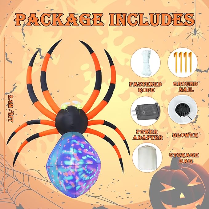 8 FT Halloween Inflatable Spider with 7 Color Changing LED Lights, Blow Up Yard Inflatables with Rotating Lights Holiday Inflatable Decorations for Outdoor Yard Garden Lawn
