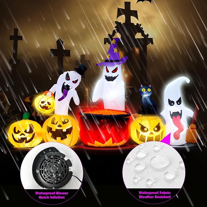 8Ft Long Halloween Inflatables Decoration Ghost and Pumpkin Family with Build-in RGB LED Lights, Halloween Blow Up Yard Decorations for Party Garden Lawn Indoor Outdoor Decor