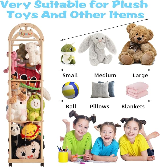 Stuffed Animal Storage & Organizer, 61" High Wooden Zoo Toy Holder for Toddler Rooms, Playrooms & Bedrooms