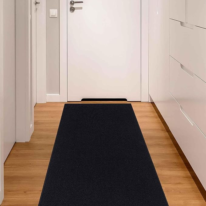 Machine Washable Modern Solid Design Non-Slip Rubberback Traditional Runner Rug for Hallway, Kitchen, Bedroom, Living Room, 2'7" x 12', Solid Black