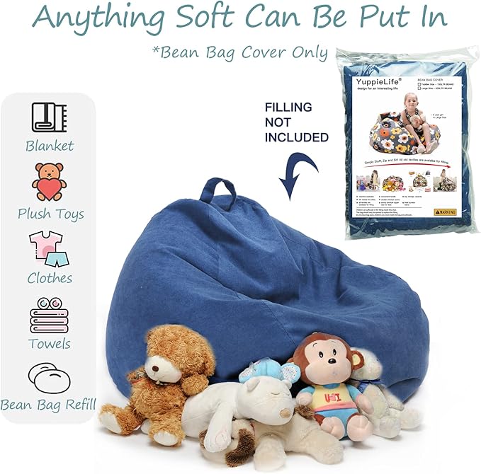 YuppieLife Stuffed Animals Bean Bag Chair Cover Candy-Colored Bean Bag(Just Cover, No Filling)/Extra Large Stuff 'n Sit Organization/Toy Storage Bag/Kids Toys Organizer(38'',Navy Blue)