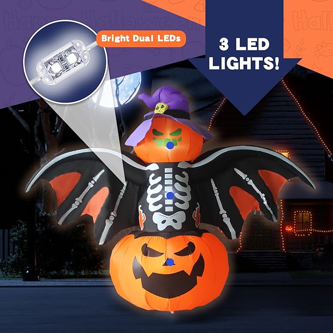 Gardwin 8FT Width Halloween Inflatable Bat Outdoor Decorations, Inflatable Yard Decorations, Blow up Outdoor Halloween Holiday Decor with LED Lights for Home Yard Garden Lawn