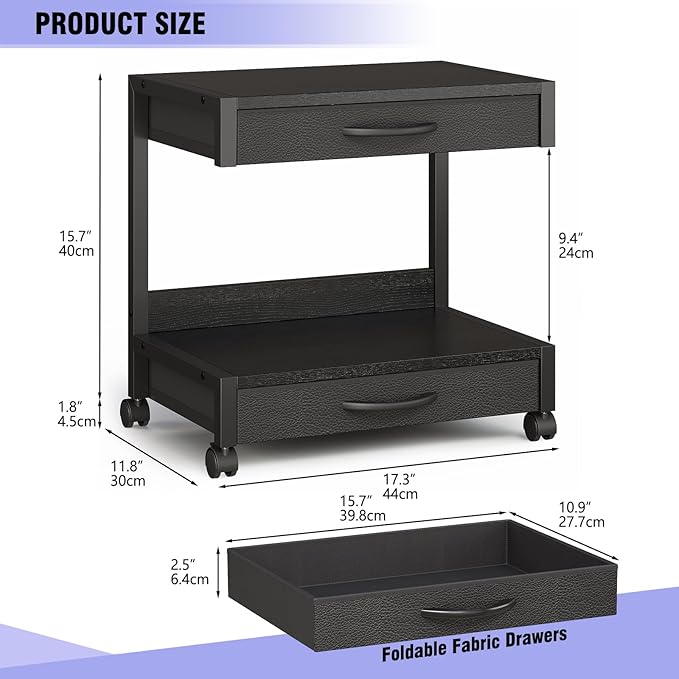 2-Tier Desktop Printer Stand with 2 Fabric Drawers, Prtiner Table with Storage Shelf, Desk Organizer for Home Office,3D Printer,Fax Machine,Scanner (Black, 2 Tier)