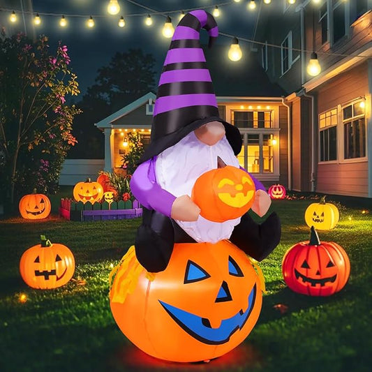 GOOSH 5 FT Halloween Gnome Inflatable with Pumpkin Outdoor Decorations Gnome Blow Up Yard Built-in LEDs for Garden Lawn Indoor Party Decor