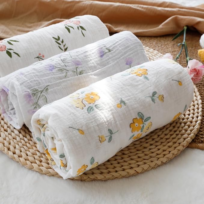 Baby Blankets for Unisex Boys Girls Super Soft Nursery Minky Blankets with Breathable Muslin Cotton Front and 3D Touch Dotted Fleece Backing, Floral Printed Bed Throws Newborn