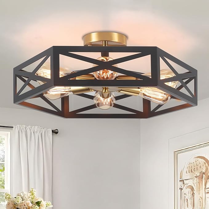 Kitchen Lighting Fixtures Ceiling,Farmhouse Flush Mount Ceiling Light with Metal Cage Modern Black and Gold Hallway Light Fixture Black Ceiling Light for Bedroom Bathroom Foyer 19.6 in