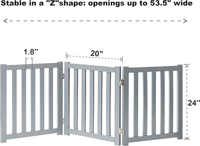 LZRS 3-Panel Wooden Free Standing Foldable Dog Gate – 24" High,Step-Over Safety Pet Gate for Doorways, Stairs, Hallways, Indoor Dog Barrier for Small to Medium Dogs & Puppies, Grey