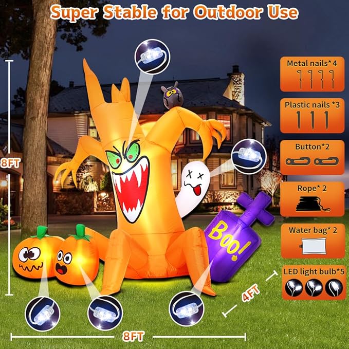 8FT Halloween Inflatables Spooky Tree with Pumpkin Ghost Led Light Halloween Inflatables Outdoor Decorations Blow up Inflatables for Holiday Party Lawn Yard Garden Décor