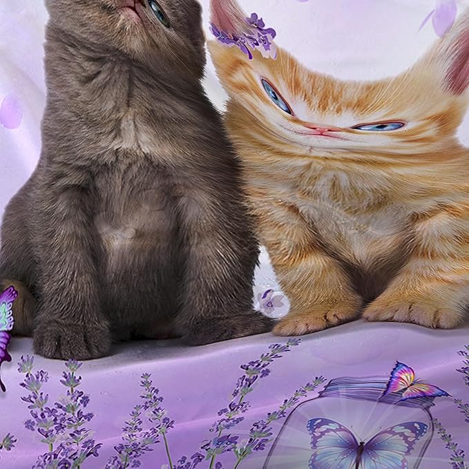AILONEN Cartoon Cat Shower Curtain, Kawaii Kittens with Purple Flower Shower Curtain for Kids Girls Boys Bathroom Decor,Cute Pet Cat Lover Waterproof Shower Curtains Sets with Hooks,36" W*72" H