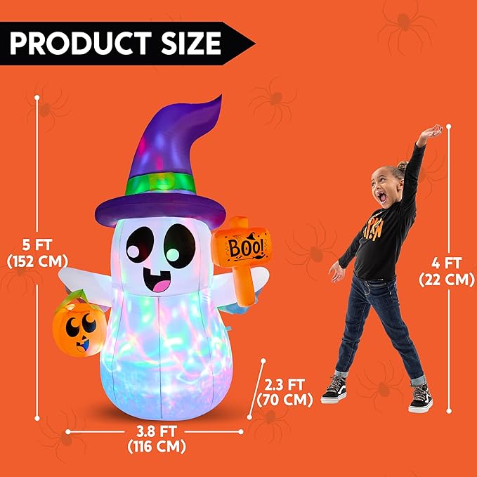 Joiedomi 5 FT Halloween Inflatables Ghost Outdoor Decorations, Blow Up Cute Wizard Ghost with Pumpkin, Blow Up Yard Decoration with Rotating Colorful LED for Halloween Lawn Garden Party Decor