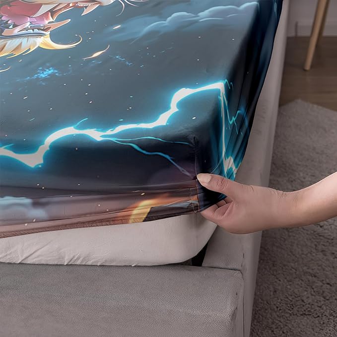 AILONEN Boys Lion Fitted Sheet Set Twin Size, Safari Animal Lion Blue Lightning 3 Pieces Printed Kids Bed Sheet Set,Wildlife Fitted Sheet with 2 Pillowcases